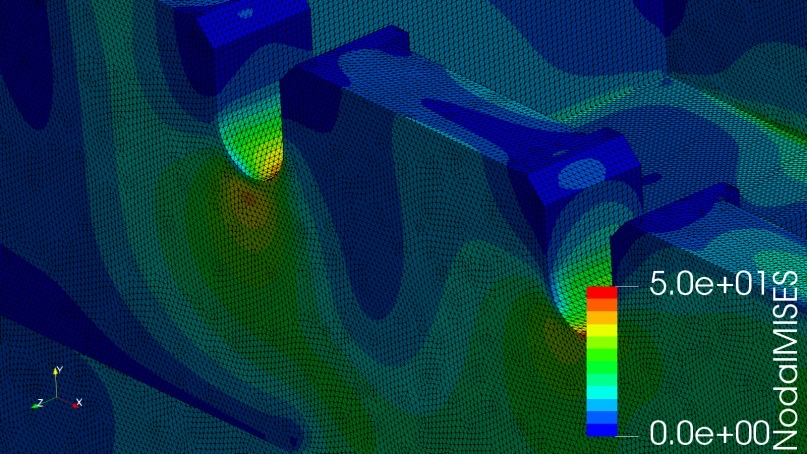 Mises応力の拡大図：Mold_055mil